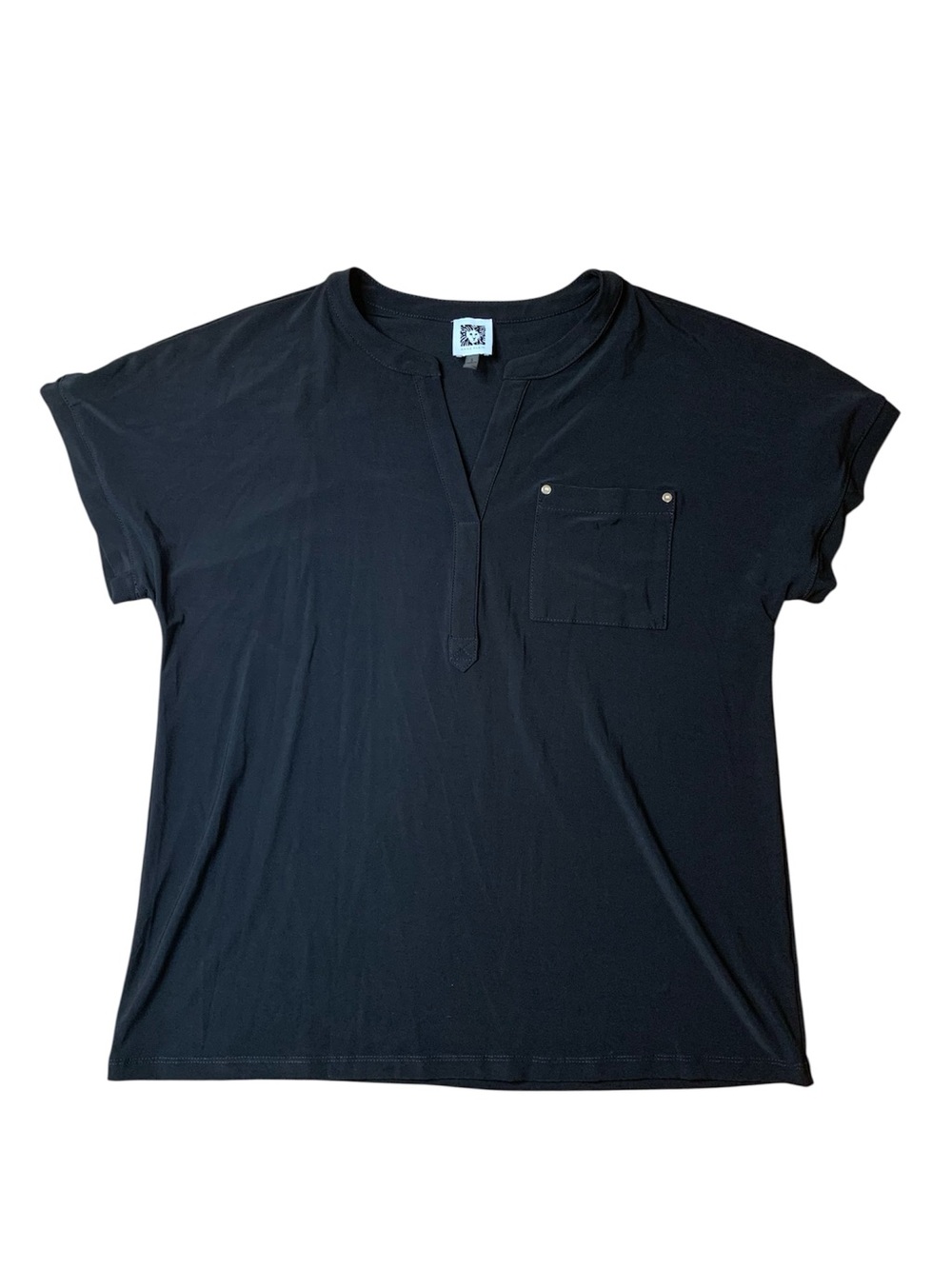 Anne Klein Black V-Neck Short Sleeve Pocket Blouse Top Size Small Casual Chic